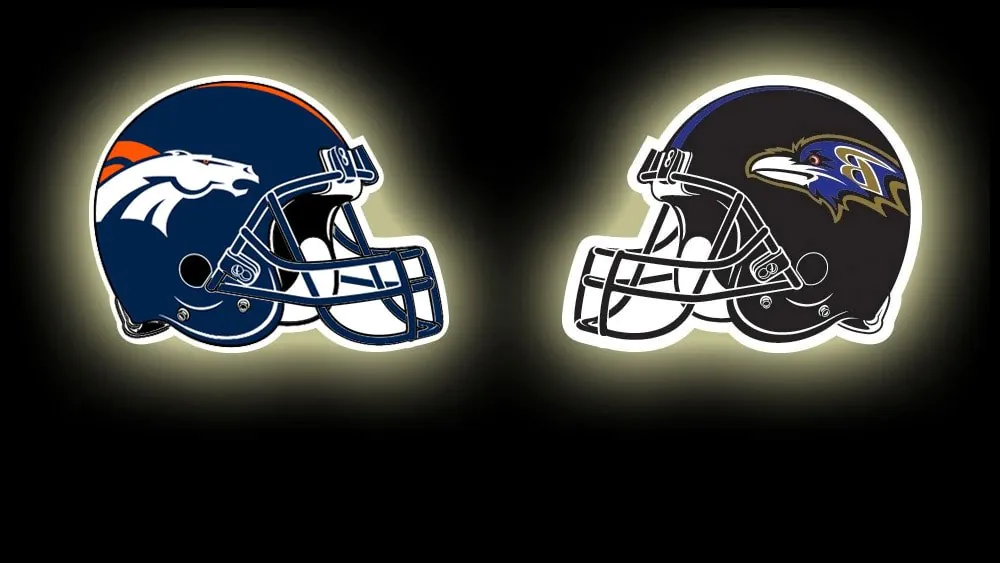 Broncos Vs Ravens helmets